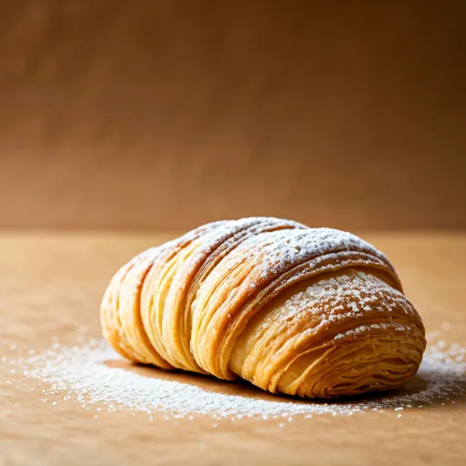 Croissant auriu și crocant cu unt pe o farfurie de porțelan vintage cu firimituri împrăștiate pe o suprafață de pergament