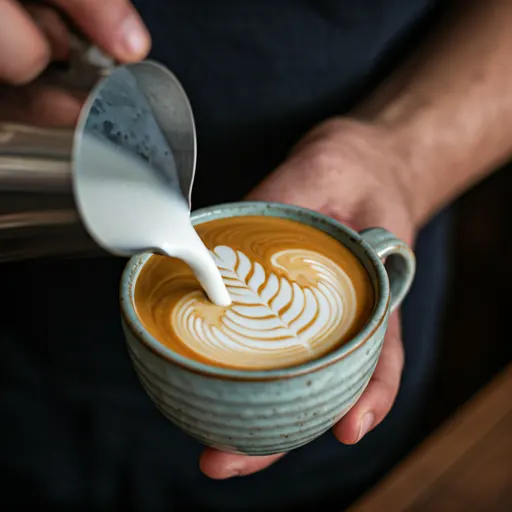 Prim-plan cu mâini turnând lapte proaspăt într-un espresso prăjit intens cu latte art perfect într-o ceașcă rustică din ceramică